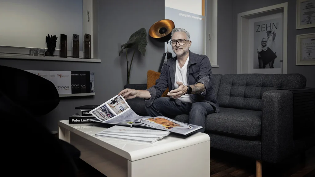 Michael Preschl, Werbefotograf und Visual Brand Specialist aus Salzburg, sitzt in seinem Studio auf einer Couch und präsentiert sein Workbook. Im Hintergrund sind Auszeichnungen, Fachbücher und sein Buch „ZEHN“ zu sehen.