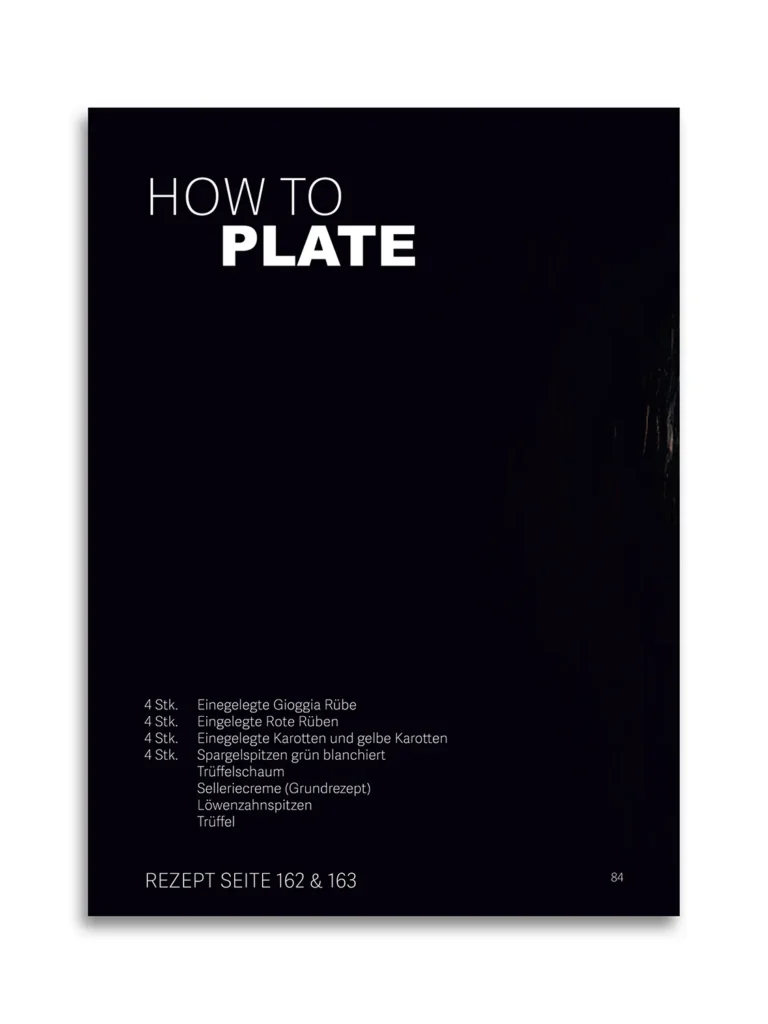 Doppelseite aus dem Buch „ZEHN“ von Michael Gahleitner und Michael Preschl mit hochwertiger Foodfotografie, Fine-Dining-Gerichten, Rezeptinformationen und einem reduzierten Editorial-Design. Das Buch verbindet Kulinarik, Food Styling, Plating und professionelle Werbefotografie auf höchstem Niveau.