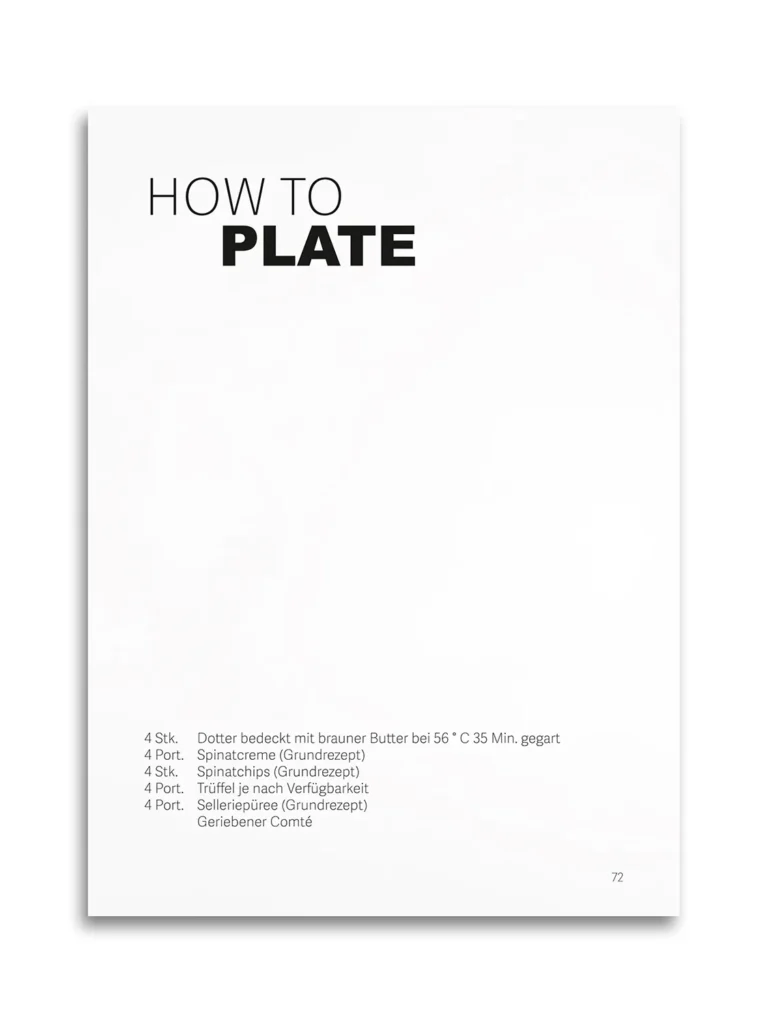 Doppelseite aus dem Buch „ZEHN“ von Michael Gahleitner und Michael Preschl mit hochwertiger Foodfotografie, Fine-Dining-Gerichten, Rezeptinformationen und einem reduzierten Editorial-Design. Das Buch verbindet Kulinarik, Food Styling, Plating und professionelle Werbefotografie auf höchstem Niveau.